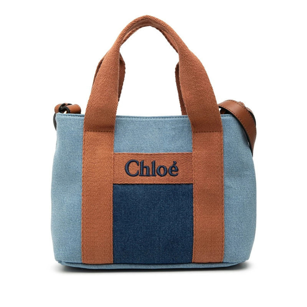 Chloe 2way Shoulder Bag Blue Brown Denim Leather